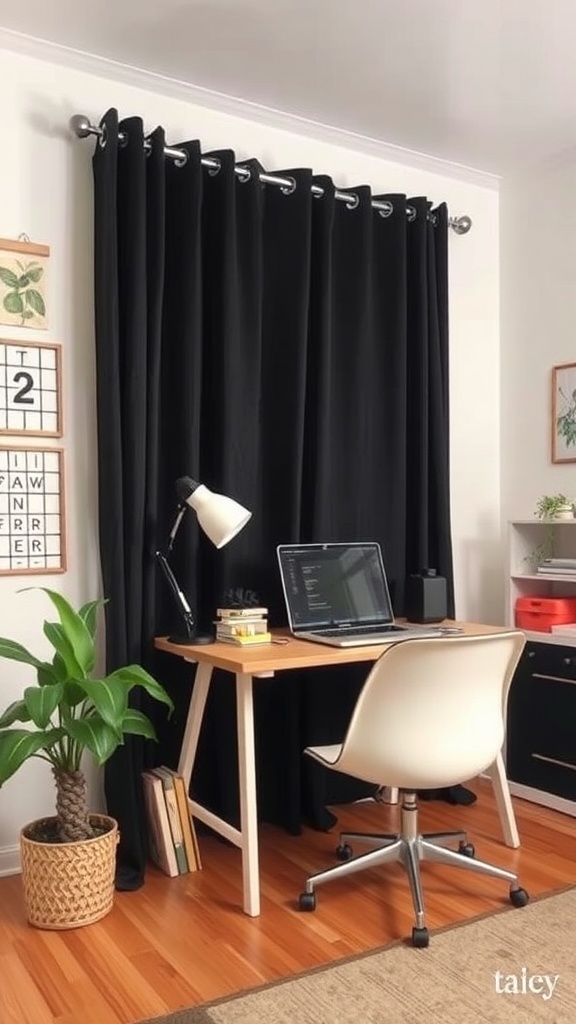 A home office with black blackout curtains, a wooden desk, and a plant.