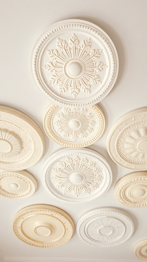 A collection of decorative ceiling medallions in various designs and colors.