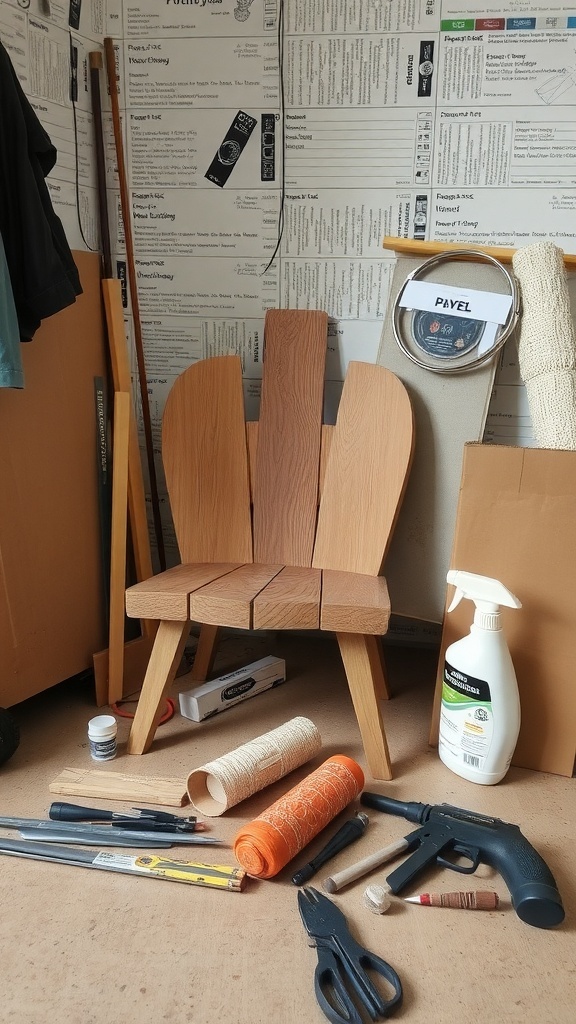 A DIY corner chair made from wood, surrounded by tools and materials in a workshop setting.
