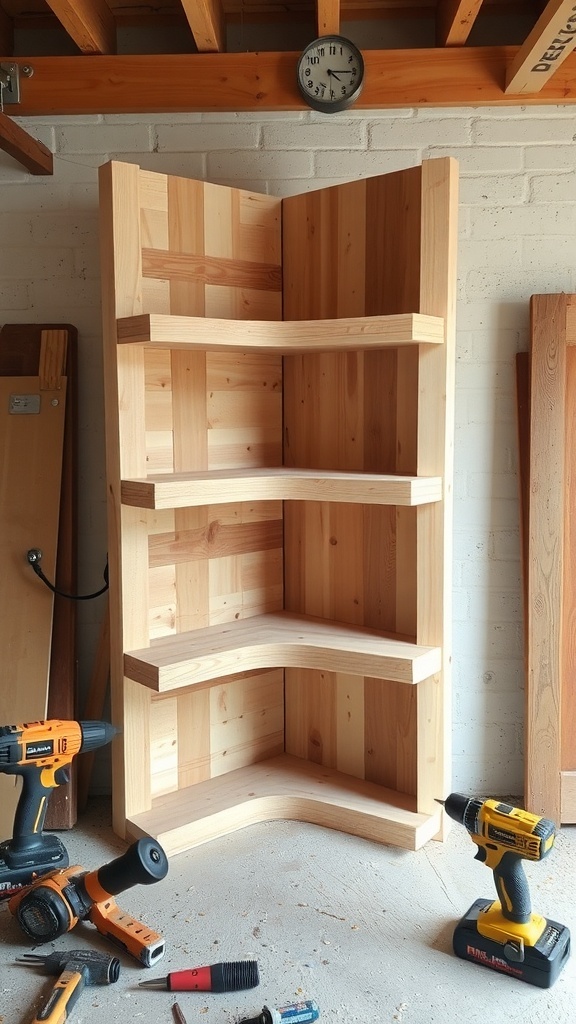 DIY corner shelves made from pallet wood, showcasing a rustic design with multiple levels.