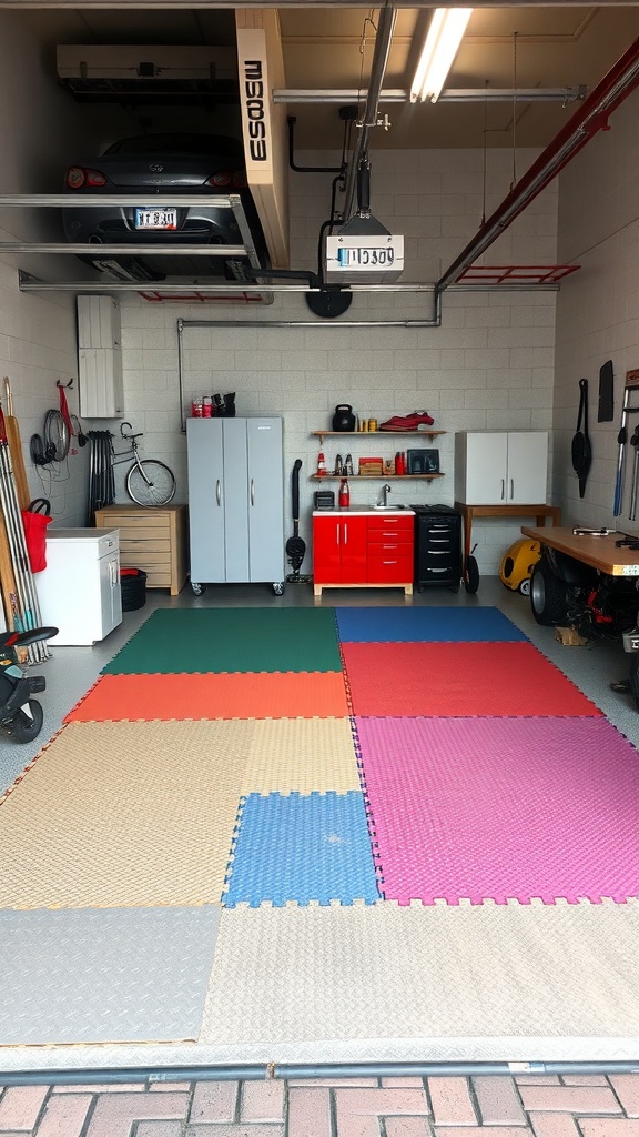 Colorful interlocking mats on a garage floor, showcasing a custom flooring solution.