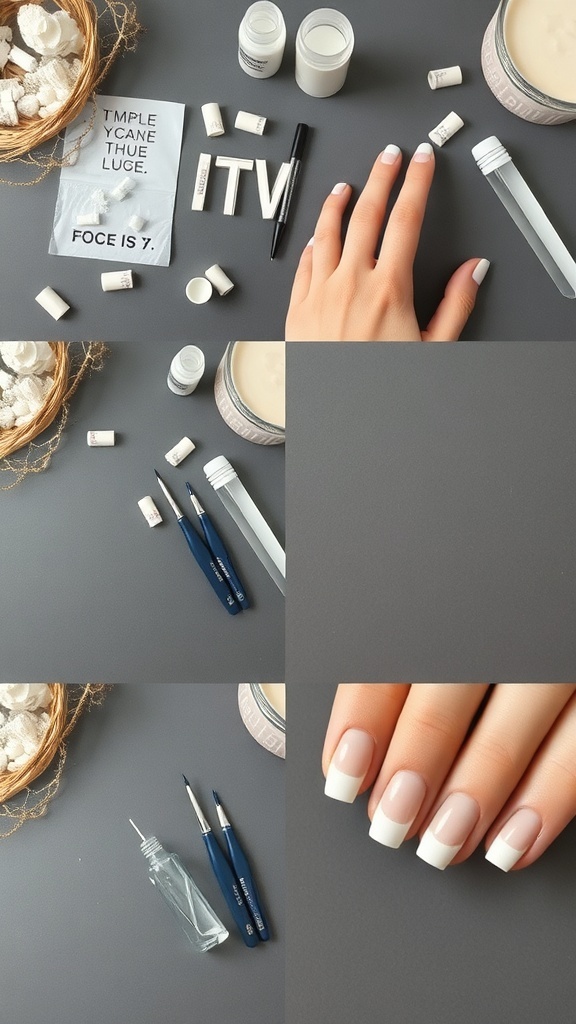 A workspace with tools for DIY French nails, featuring a hand with white French tips.