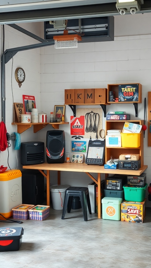 A garage setup featuring a game station with shelves of board games, a speaker, and a table.