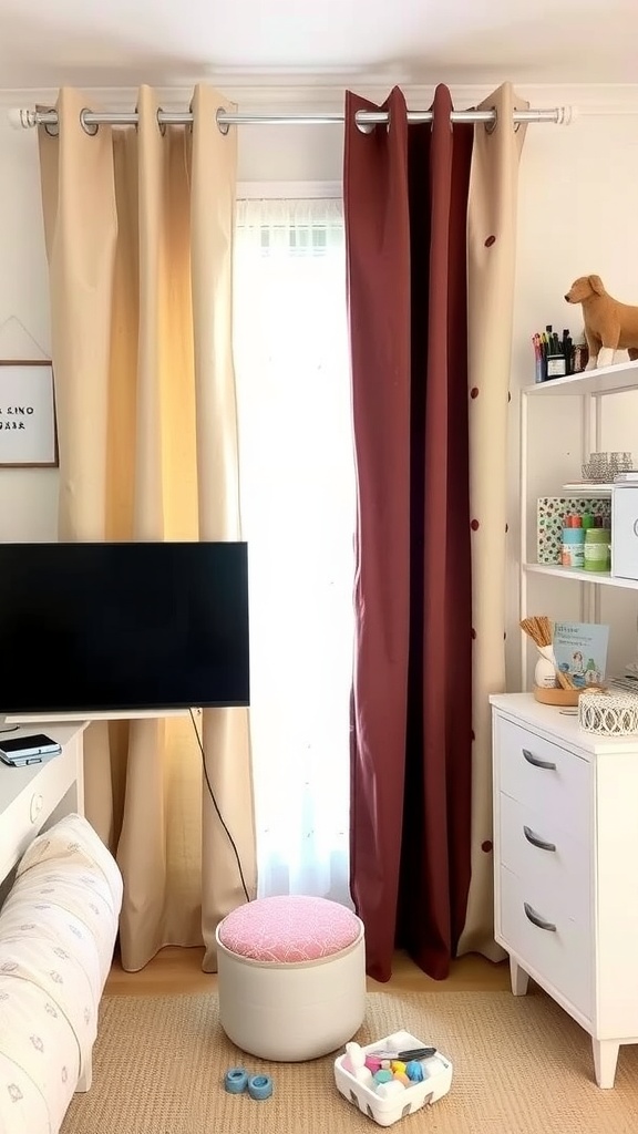 A room featuring beige curtains with a maroon accent, showcasing a cozy and stylish decor.