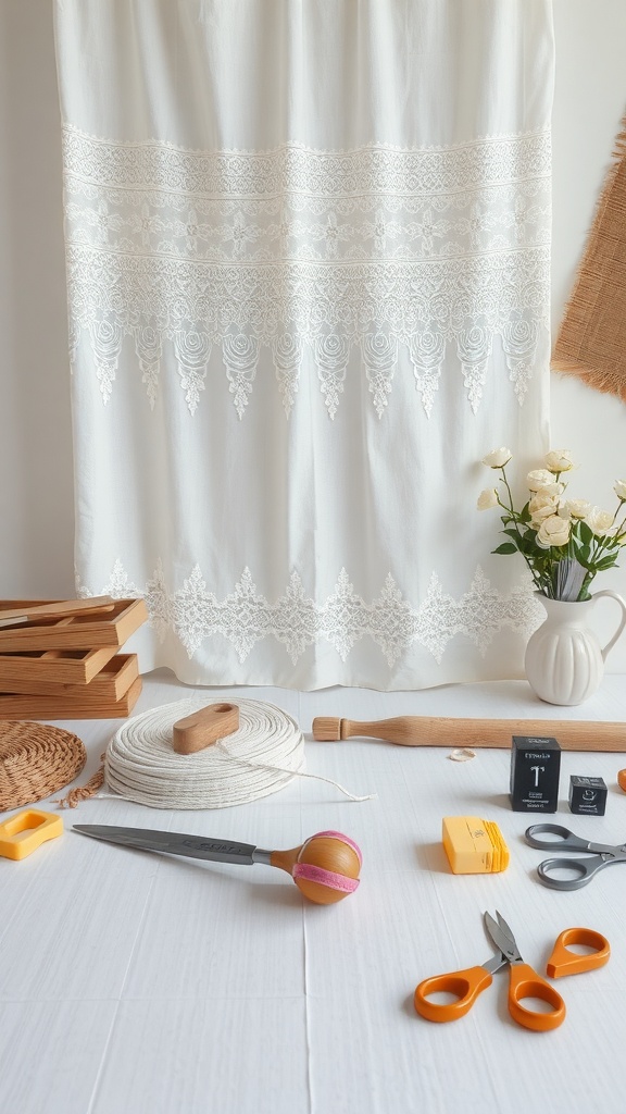 A DIY setup for making lace curtains, featuring tools and materials like scissors, rope, and a wooden rolling pin.