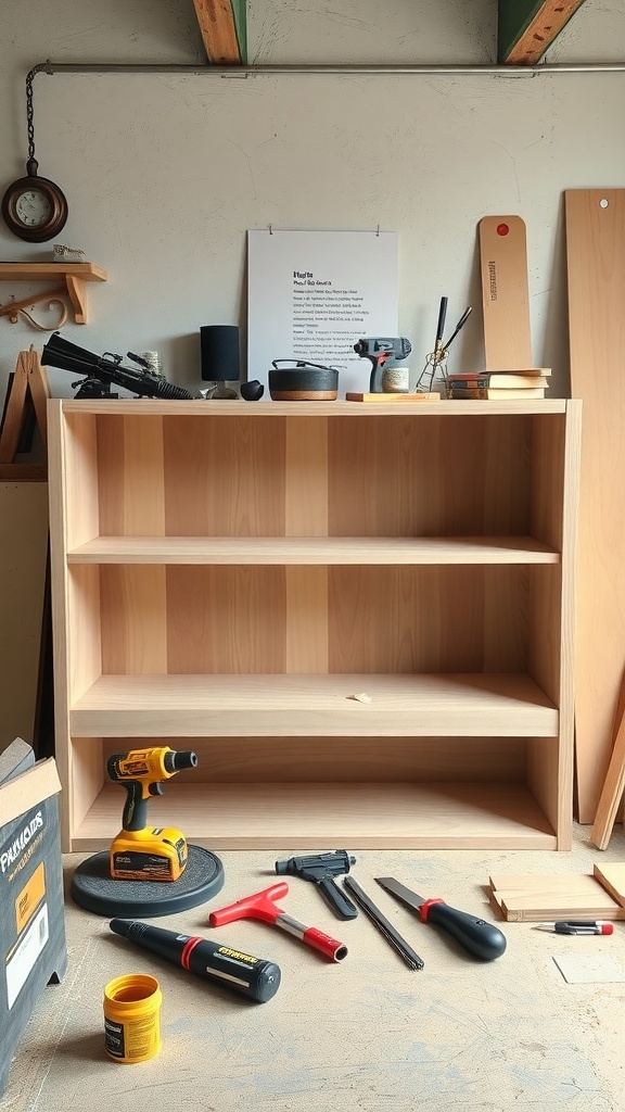 A simple, unfinished low bookshelf in a workshop surrounded by tools and materials.