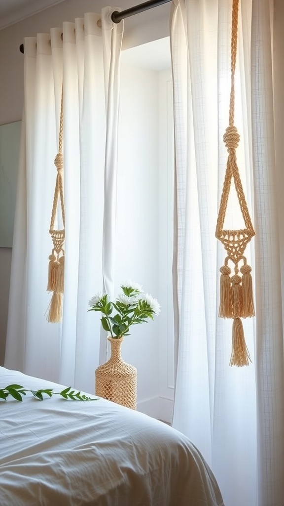 DIY macrame curtain holdbacks with light curtains and a plant in a vase