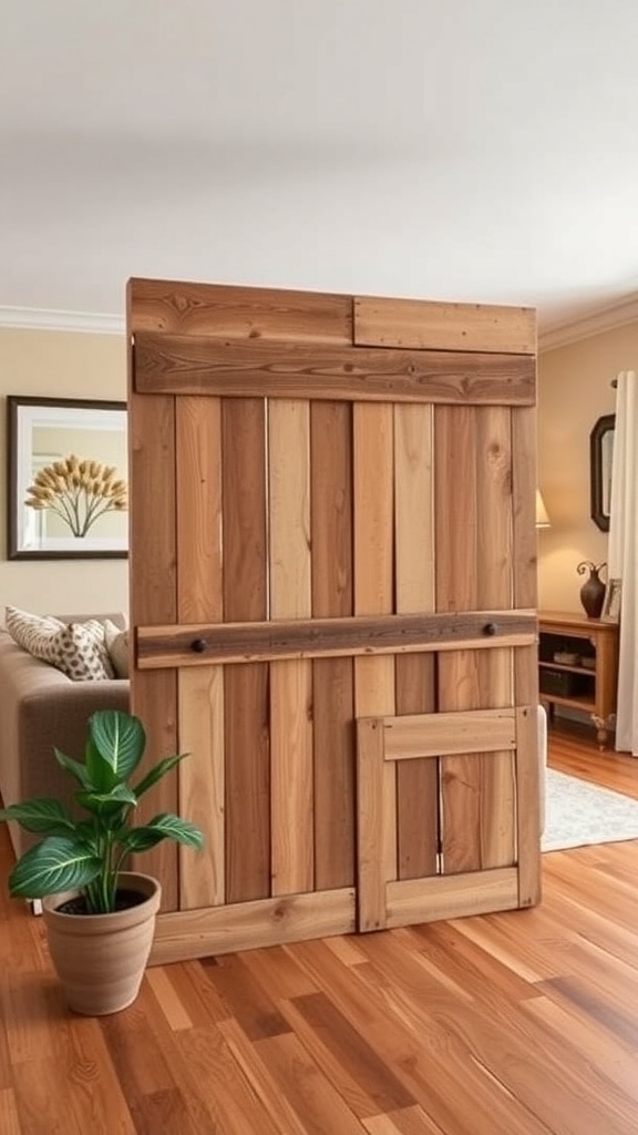 A wooden pallet room divider showcasing rustic charm with a plant beside it.