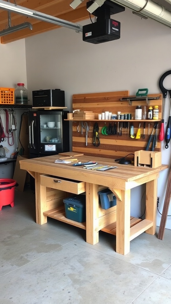 A DIY pallet wood workbench in a garage with tools and storage.