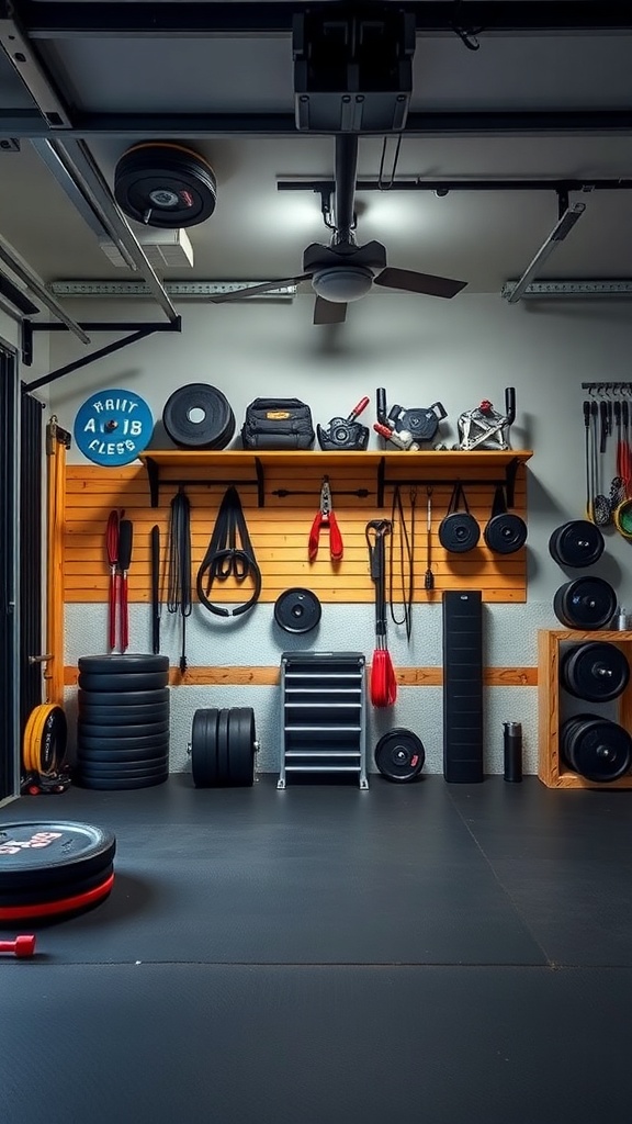 A well-organized garage gym with weights and equipment stored neatly on shelves and the floor.