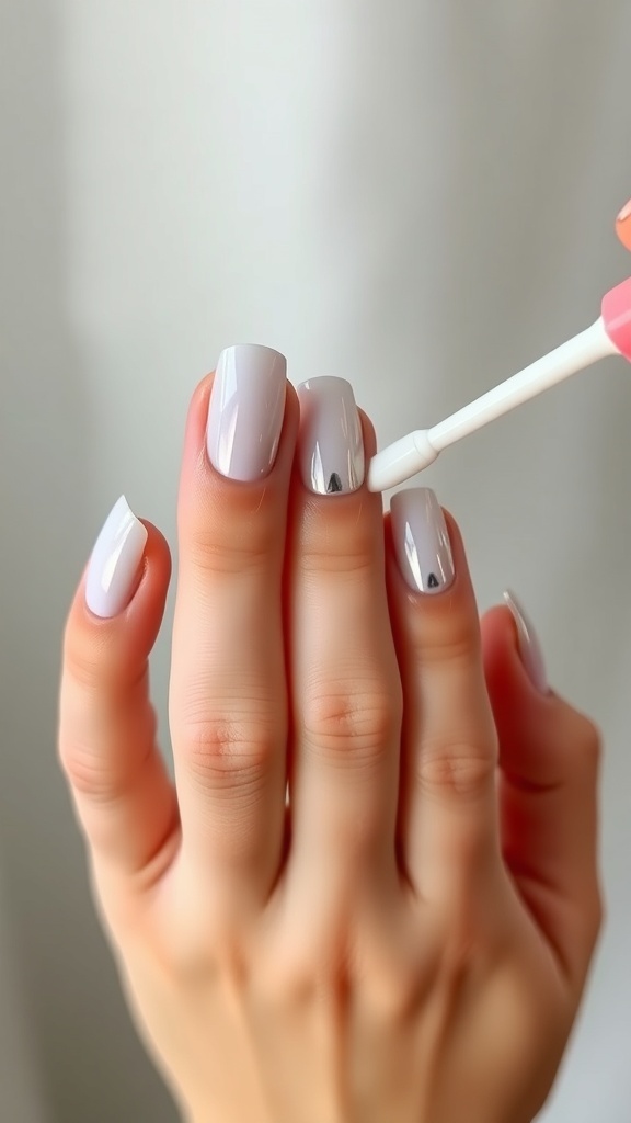 A hand with white chrome nails holding a nail polish bottle, with a plant in the background.