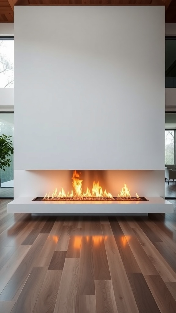 A modern double-sided gas fireplace with flames visible, set in a minimalist interior.
