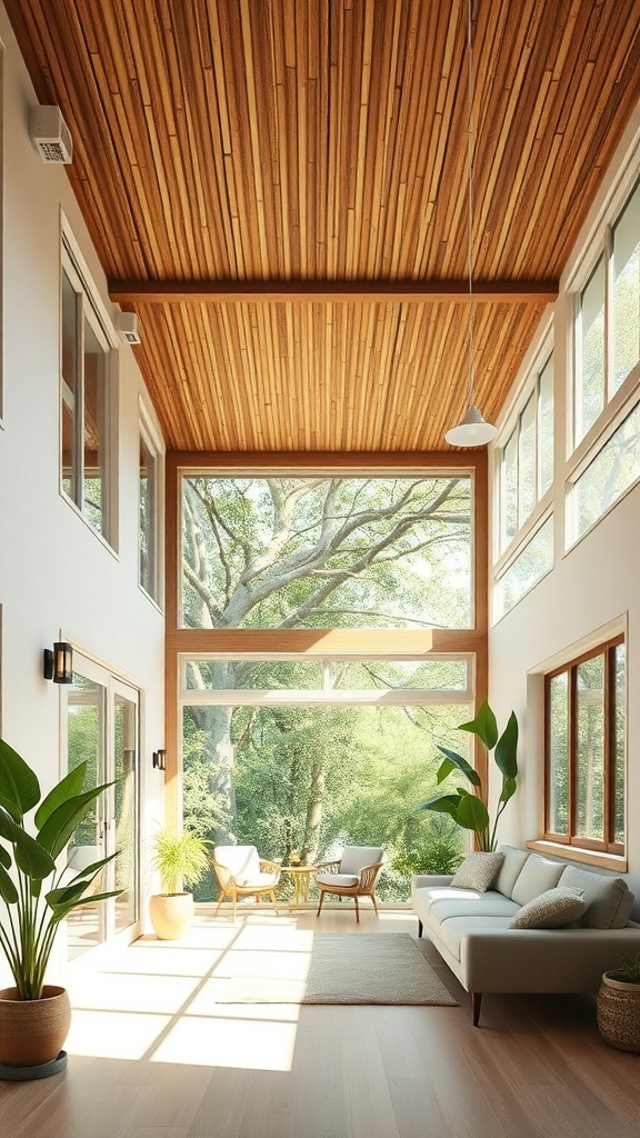Bright room with bamboo ceiling panels and large windows