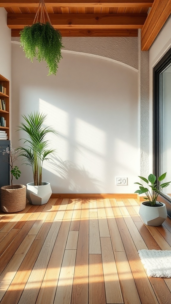 A bright room with wooden flooring, plants, and natural light.