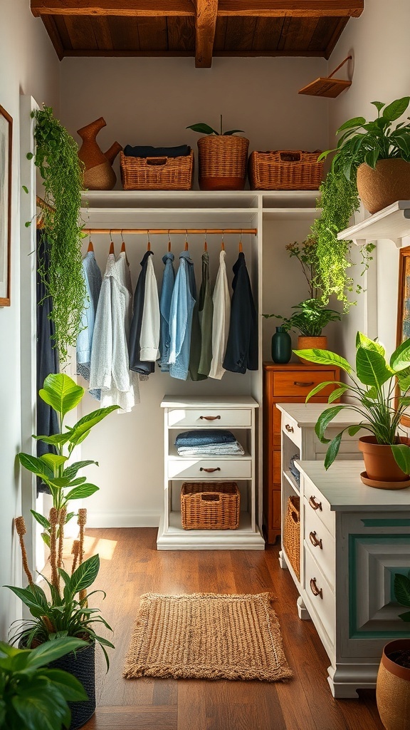 A bright eco-friendly closet with plants, wooden elements, and organized clothes.