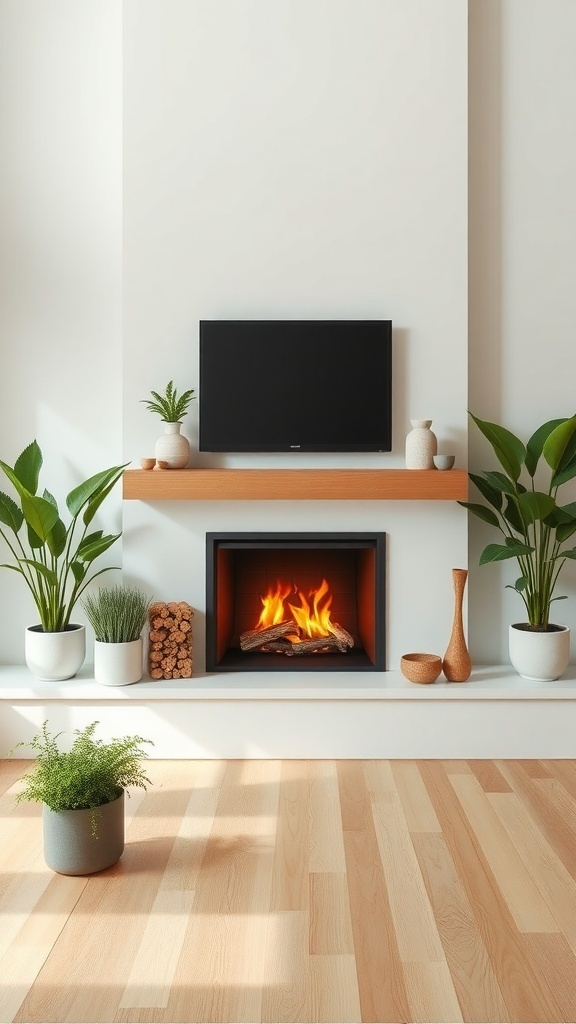 A modern gas fireplace with a clean design, surrounded by plants and a wooden shelf, creating a cozy living space.