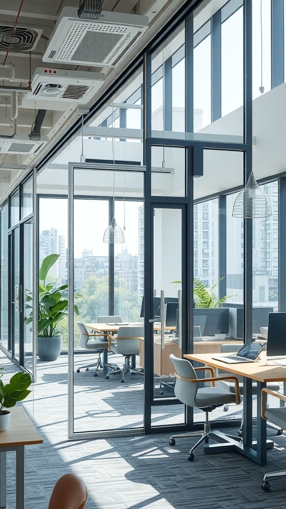 Modern office with glass partitions and plants, showcasing eco-friendly design.