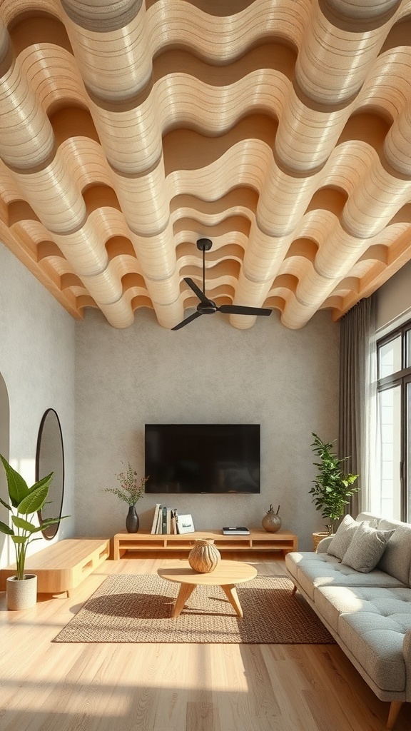 A modern living room featuring a wavy PVC ceiling design, a comfortable sofa, and decorative plants.