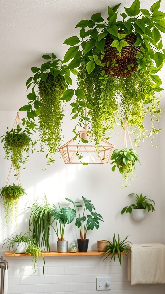 Bathroom with hanging plants and potted greenery on a shelf
