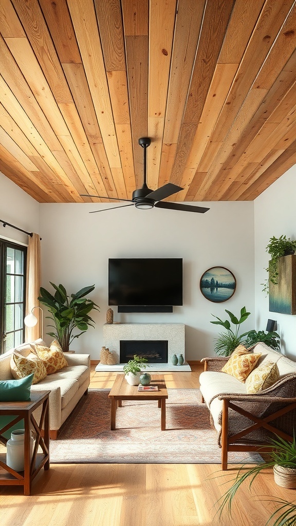 Cozy living room with reclaimed beadboard ceiling and plants