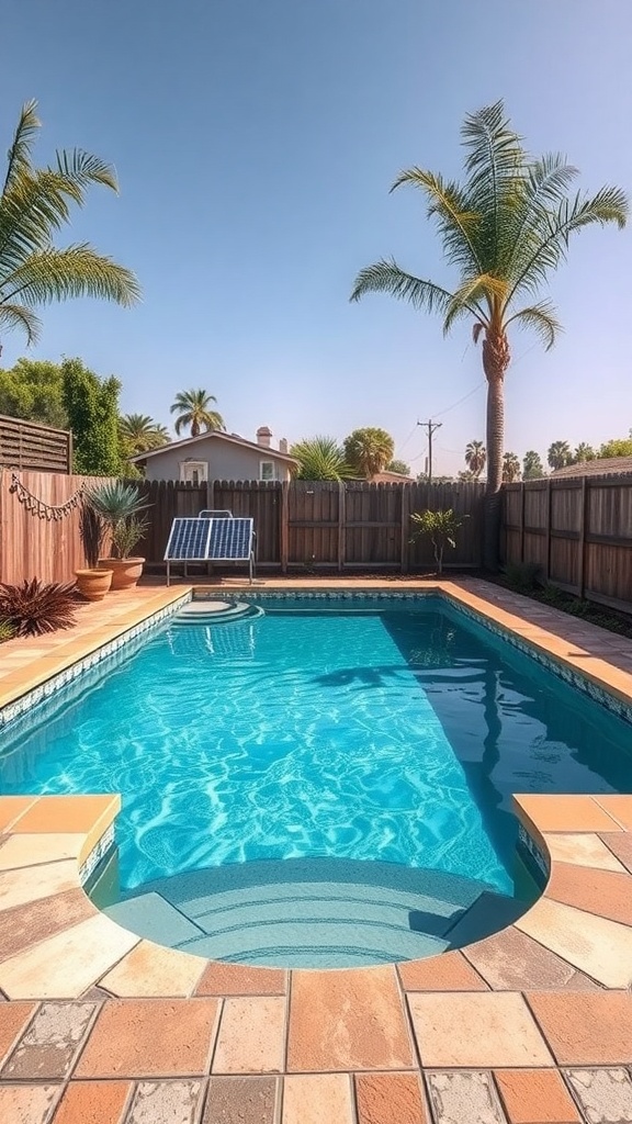 A serene inground pool surrounded by palm trees and solar panels, showcasing an eco-friendly design.