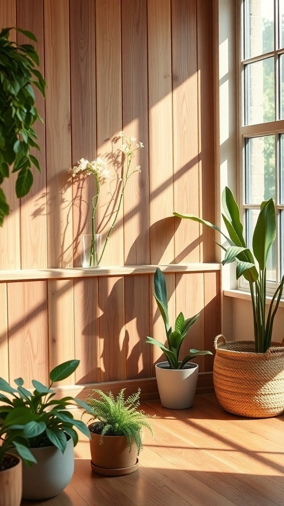 A cozy room with wooden wainscoting and various indoor plants.