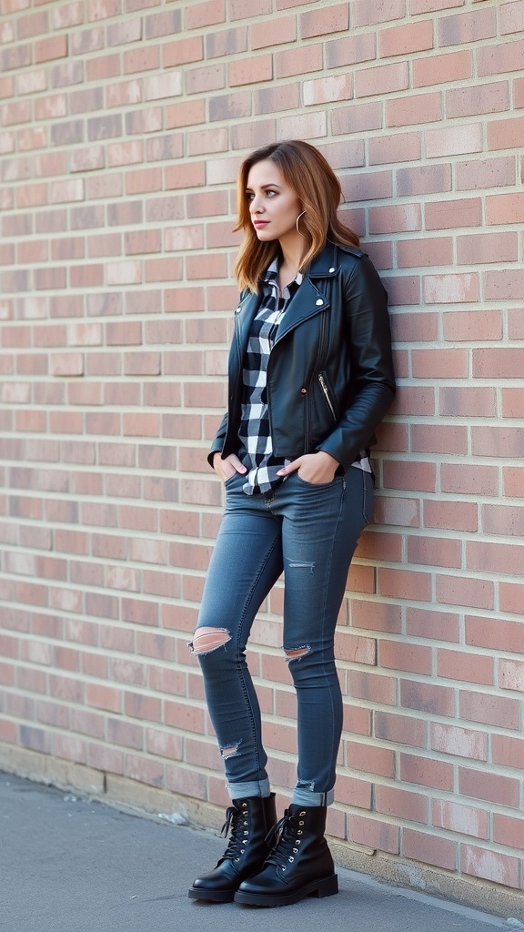 A woman in a black leather jacket, plaid shirt, and ripped jeans stands against a brick wall.