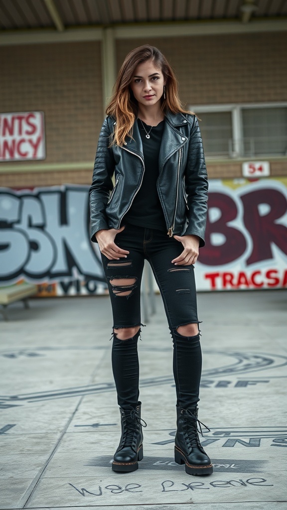 A person wearing a black leather jacket, ripped jeans, and black boots, standing confidently in front of graffiti.