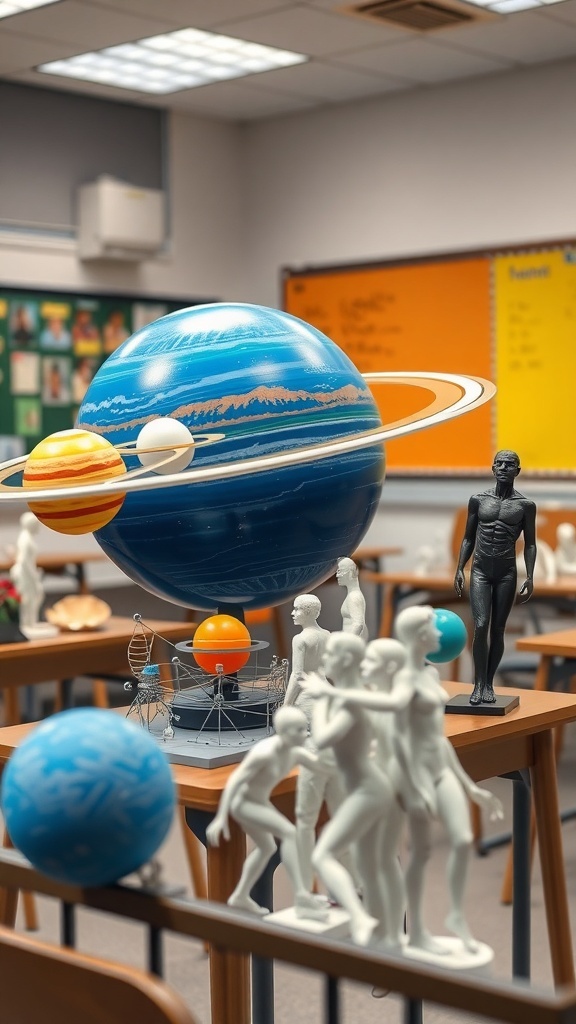 A classroom with 3D printed educational models including a solar system and human figures.