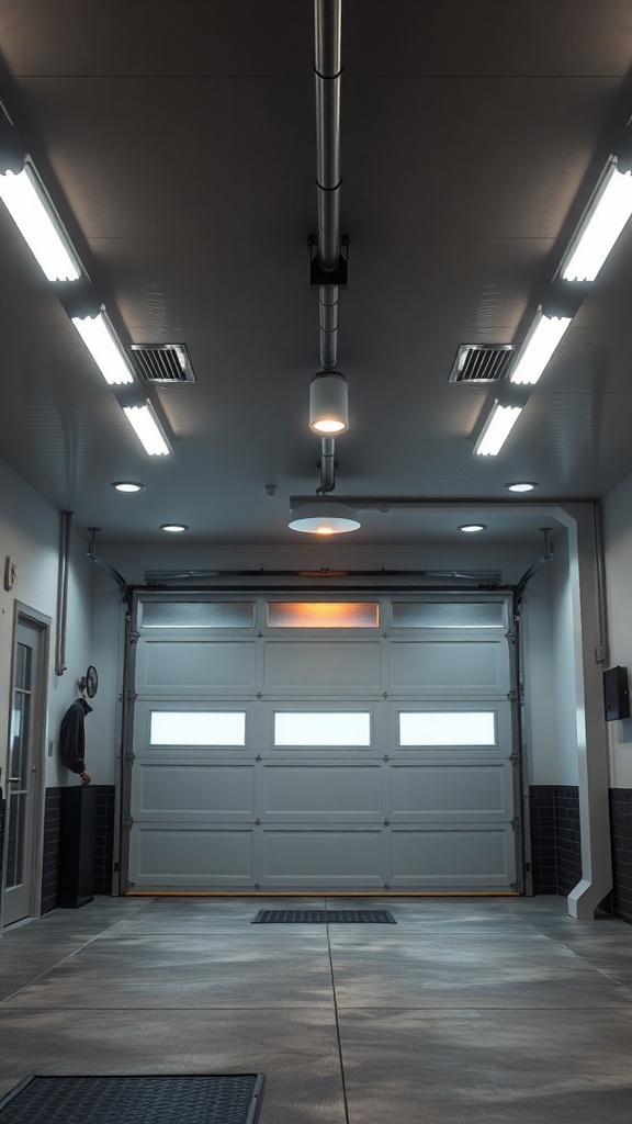 Brightly lit garage with overhead and wall-mounted lights