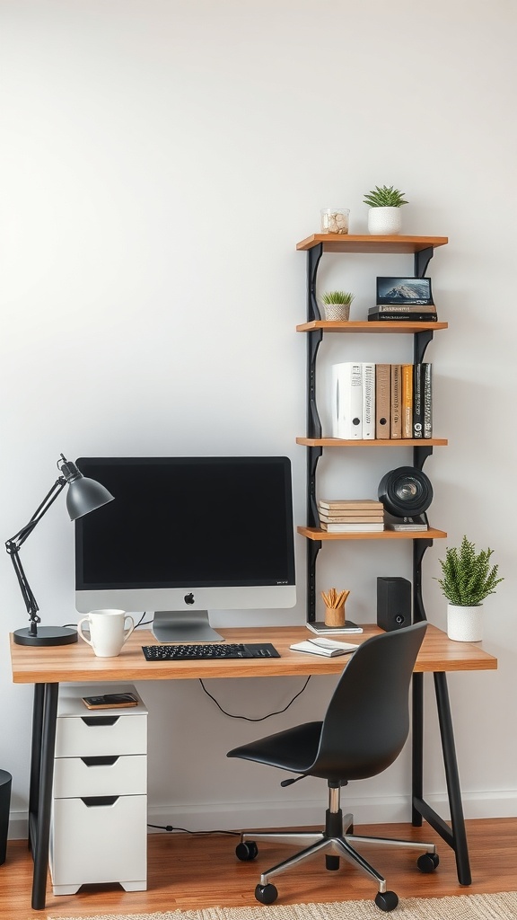 A minimal desk setup featuring a computer, a lamp, and a vertical shelving unit with plants and books.
