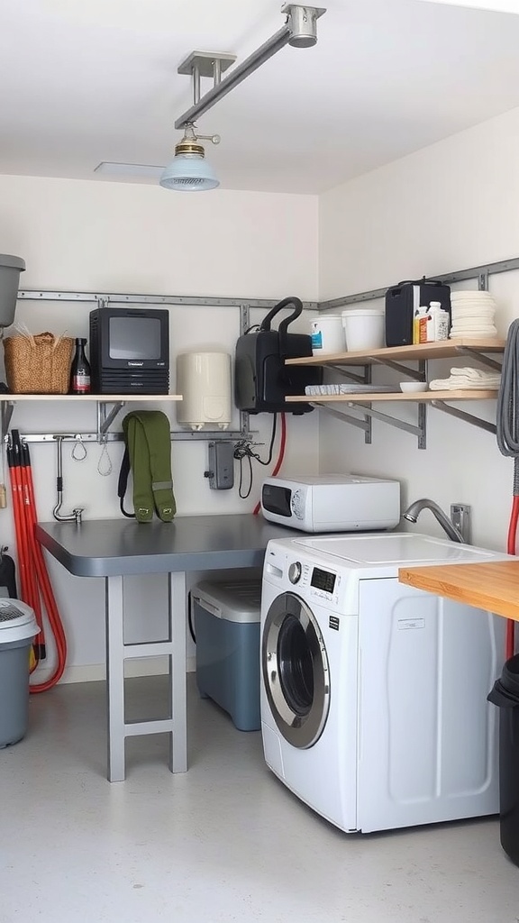 A well-organized garage laundry area with a washing machine, countertop, and shelves for storage.