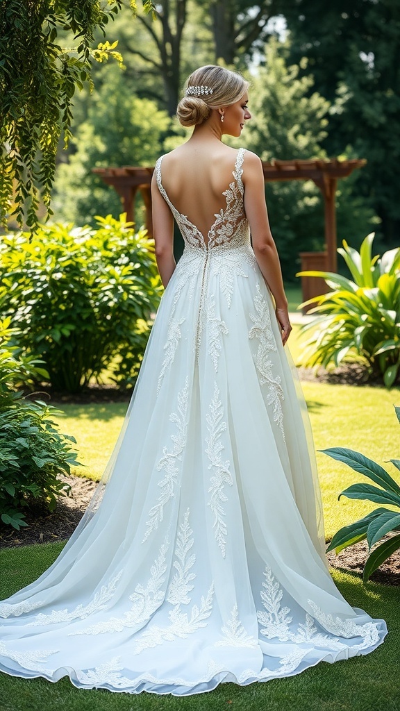 A bride wearing an elegant A-line wedding dress with intricate lace detailing on the back, set in a lush garden.