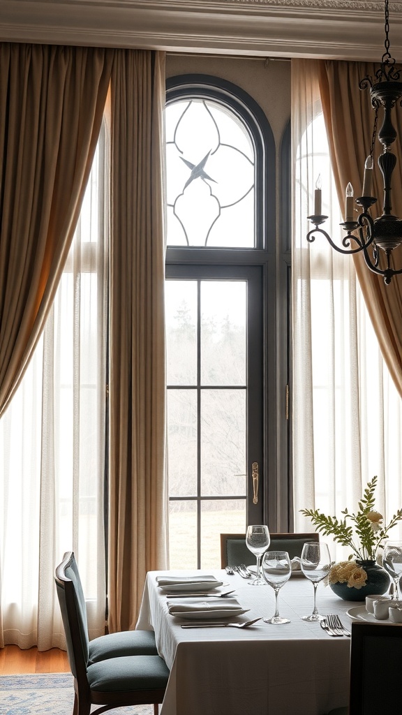 Elegant dining room with linen curtains, a chandelier, and a beautifully set table.