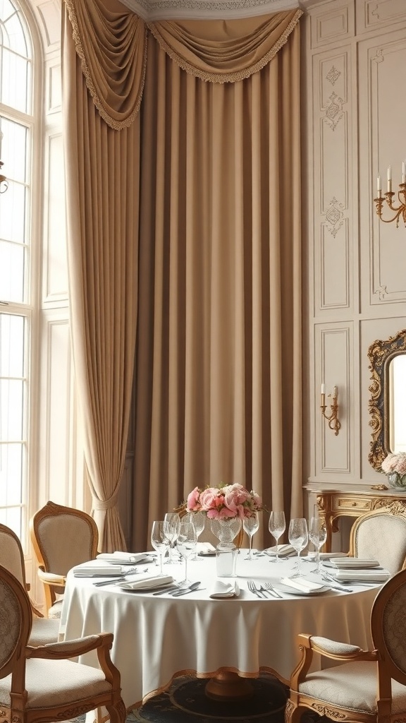 Elegant beige curtains in a formal dining room setting with a round table and floral centerpiece.