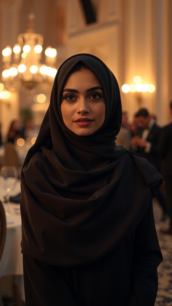 A woman in a black hijab at an elegant evening event, with chandeliers in the background.