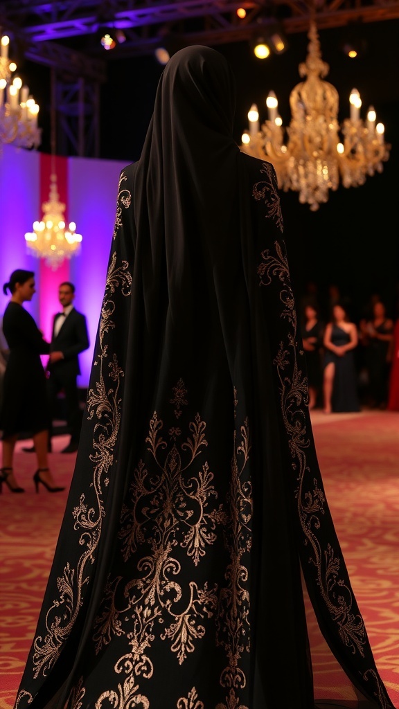 A model wearing a black embroidered abaya with golden designs, showcasing elegance at an evening event.