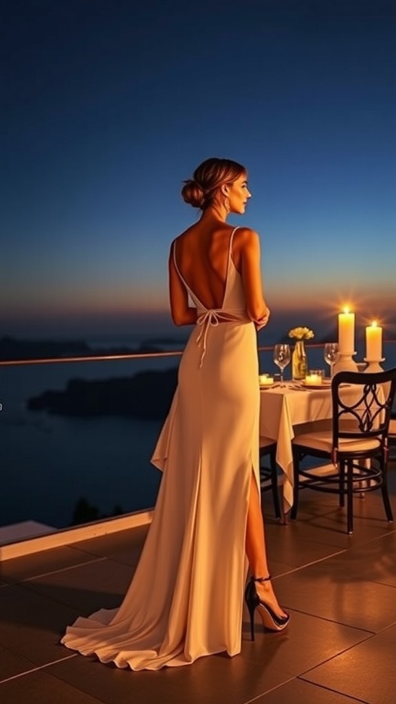 A woman in a backless gown standing by a table set for fine dining with candles, overlooking a sunset view.