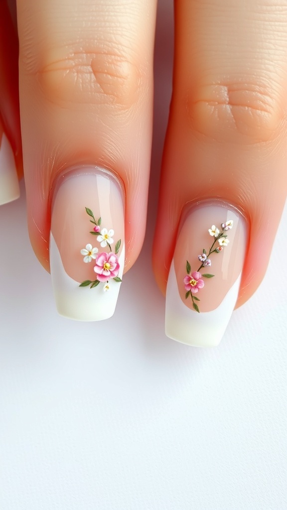 Elegant French tips with floral accents on nails