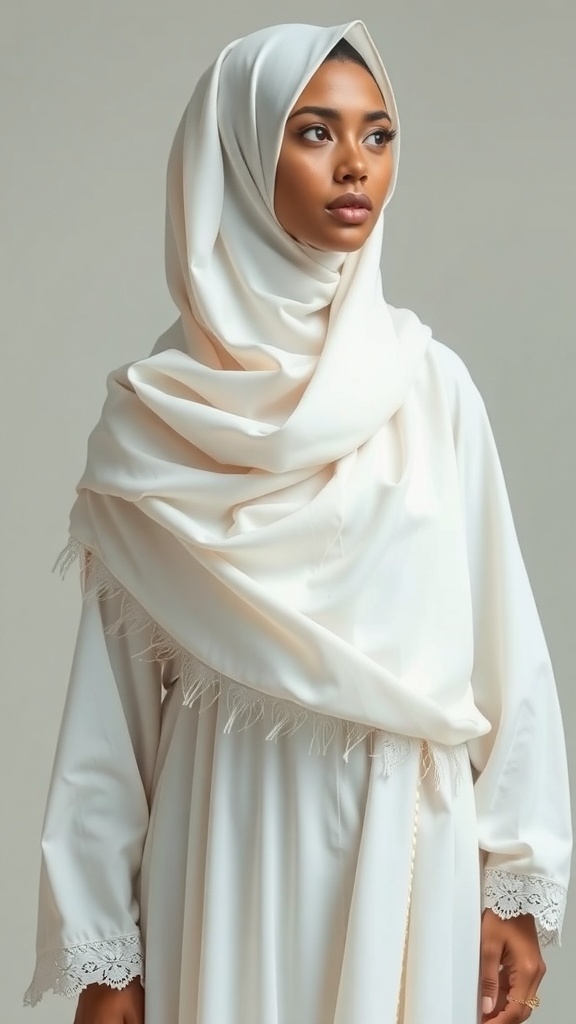 A white abaya with lace accents displayed on a mannequin in a bright room