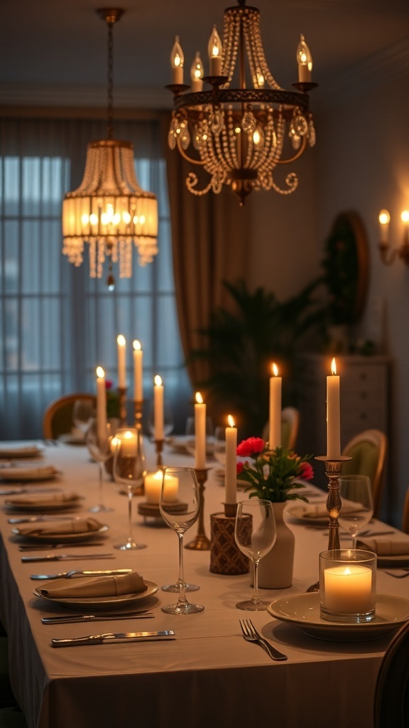 A beautifully styled dining table with chandeliers and candles creating a warm atmosphere.