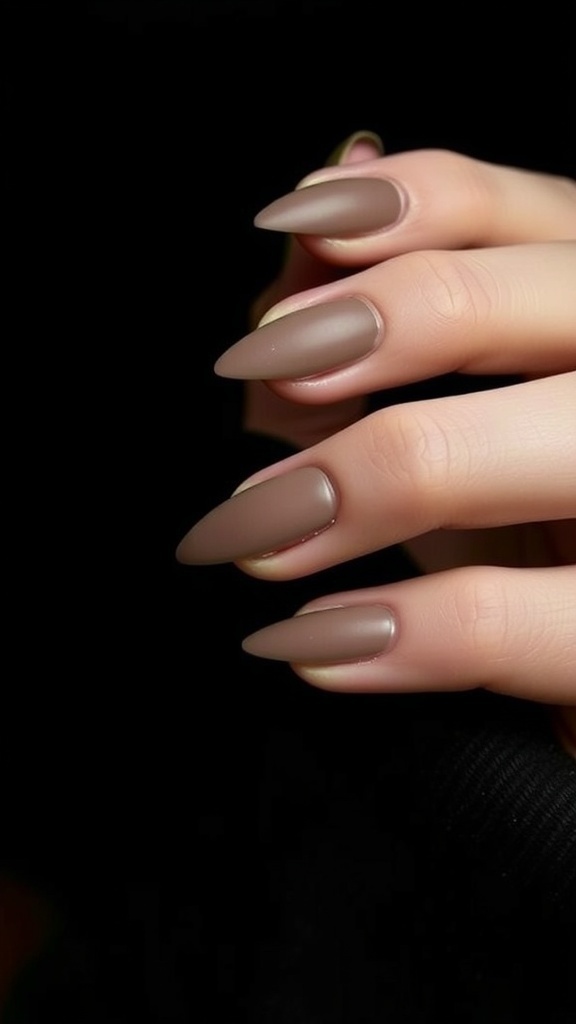 Close-up of elegantly manicured matte finish nails in a warm brown shade.