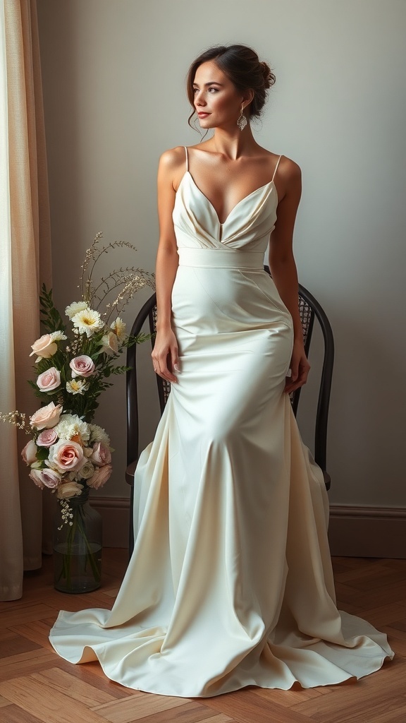 A woman wearing an elegant maxi dress, standing beside a chair with flowers in the background.