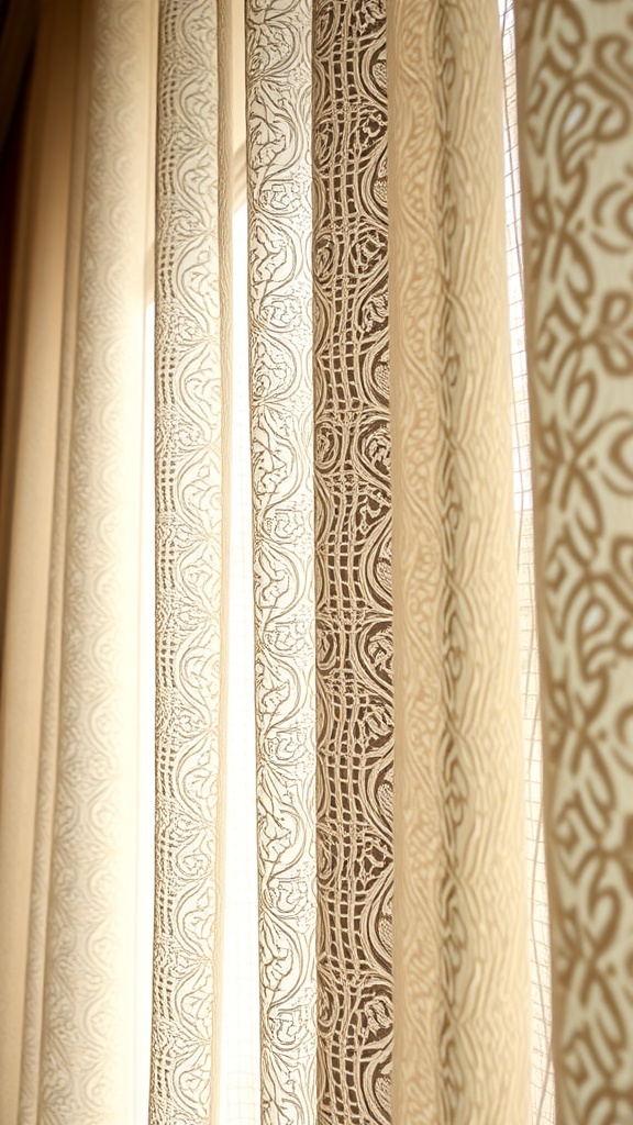 A close-up view of lace curtains with intricate patterns and designs in soft beige and brown tones.