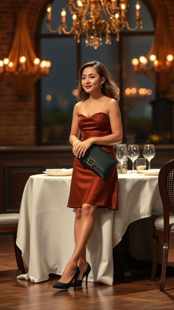 A woman in a strapless sundress stands elegantly in a restaurant setting, ready for a date night.
