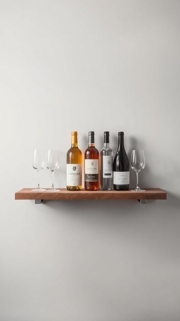 Floating shelf with wine bottles and glasses