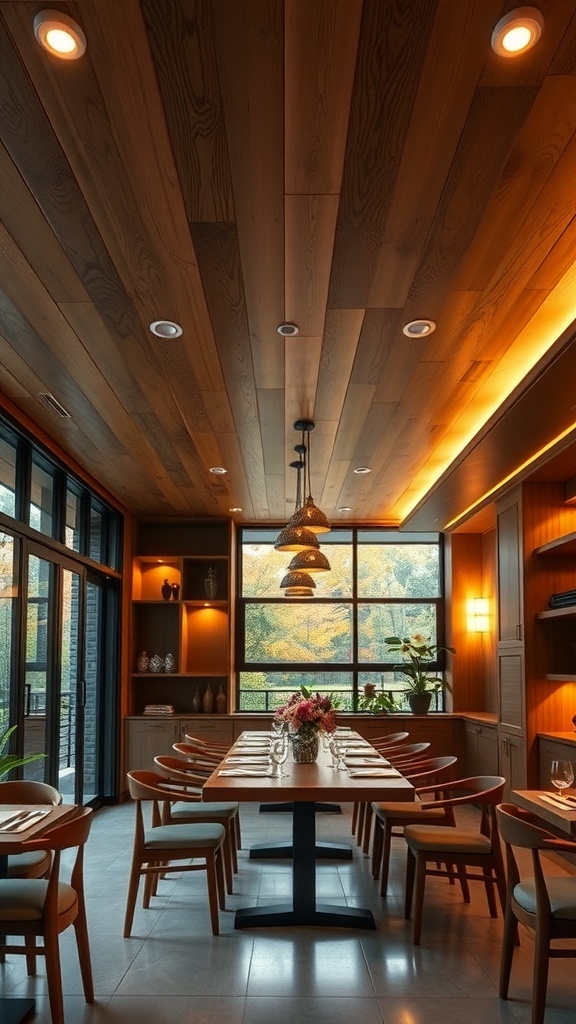 A dining area featuring a wood finish PVC ceiling, modern lighting, and a cozy atmosphere.