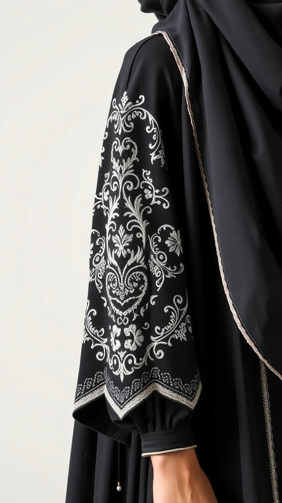 Close-up of an abaya sleeve featuring intricate embroidery in white on black fabric.