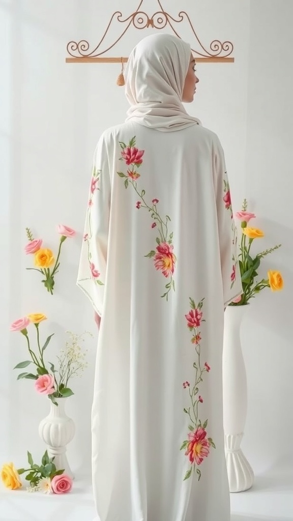 A woman wearing a white abaya with floral embroidery, standing in a bright setting with flowers.