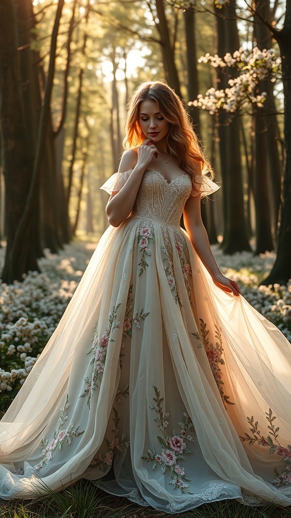 A beautiful gown with floral patterns displayed in an enchanted forest setting.